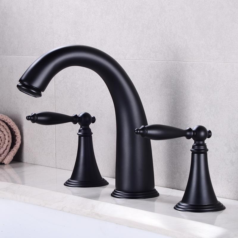 European Style Three-hole Basin And Cold Water Faucet Double-handle Split Washbasin Three-piece Black Bathroom Sink Faucets