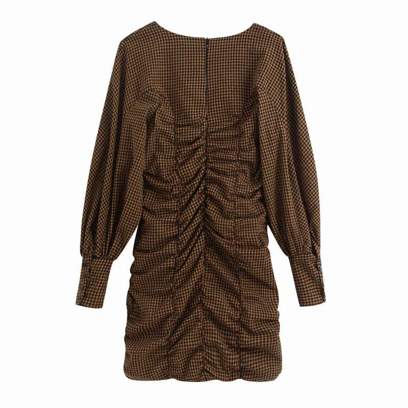 Vintage Woman Plaid Pleated Stretchy Slim Mini Dresses Spring Fashion Ladies Lantern Sleeve Female Elegant 210515