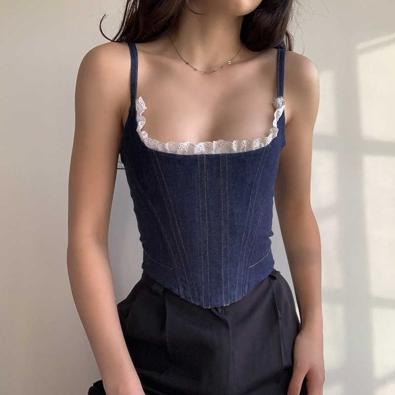 DEAT Women Outer Denim Camis Sexy Solid Color Fish Bone Corset Slim Fashion Spring Summer 11B458 210709