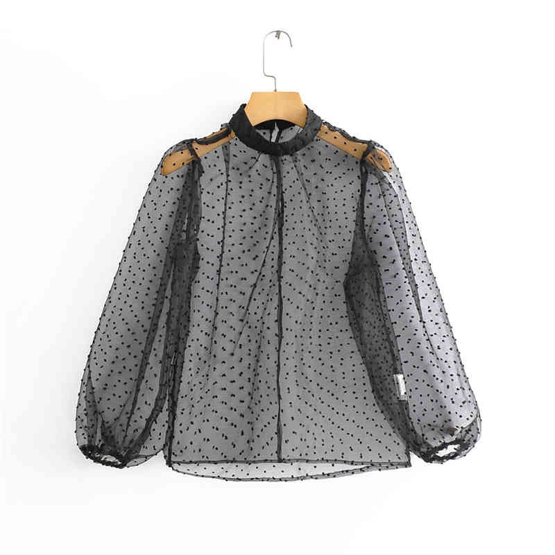 Elegant Women Transparent Puff Sleeve Shirts Fashion Ladies Turtleneck Polka Dot Tops Sweet Female Chic Solid Blouses 210430
