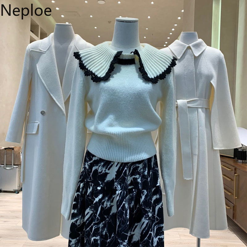 Neploe Thicked Warm Sweater Women Sueter Mujer Peter Pan Collar Knit Cropped Pullovers Winter Clothes Chic Knitwear Jumper Coat 210422