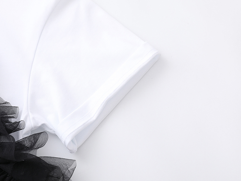 [EAM] Women White Mesh Spliced Ruffle Bow Pearls T-shirt Round Neck Short Sleeve Fashion Spring Summer 1DD7451 210512