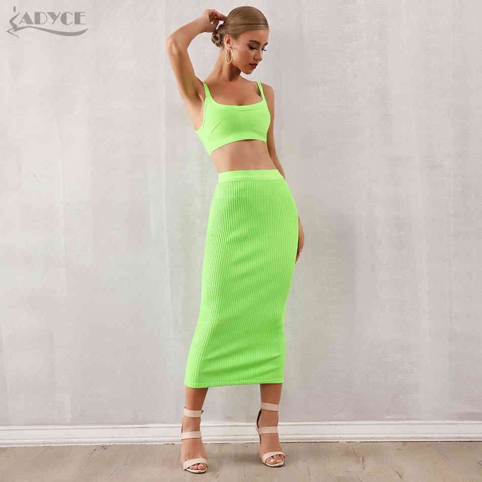 Summer Women Bodycon Bandage Sets 2 Two pieces Set Top Green Strapless Sleeveless Celebrity Evening Party Dresses 210423