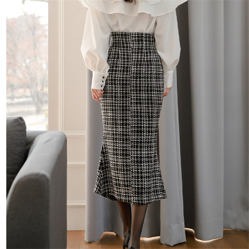 OL Elegance Women Mermaid Houndstooth Sexy Woolen Streetwear High Waist Quality Trumpets Vintage Long Skirts 210421
