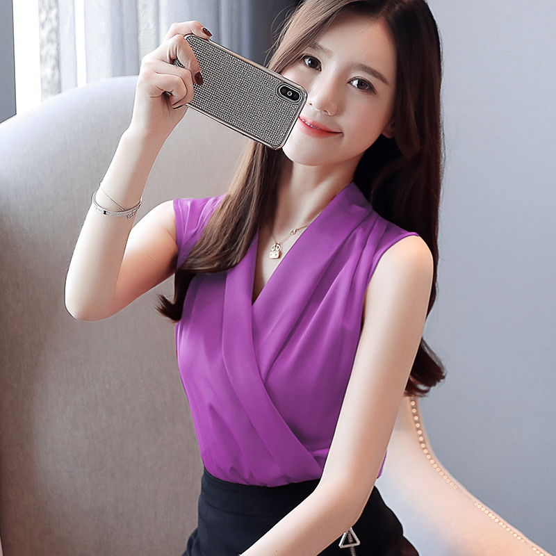 Silk Blouses Women Summer Satin Blouse Shirts Woman Korean Vneck Sleeveless Shirt Women Blouses Elegant Womens Tops and Blouses 210401