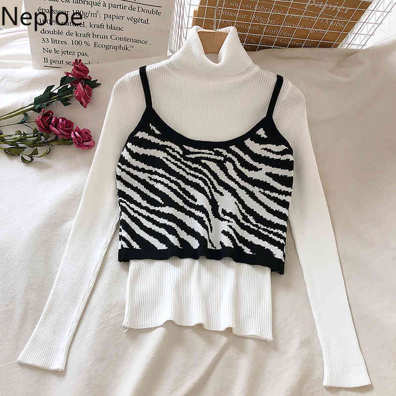 Neploe Two Piece Outfits for Women Korean Fashion All-match Suit Knitted Pullover Zebra Stripe Sling Fall Clothes 2 Piece Set 210422