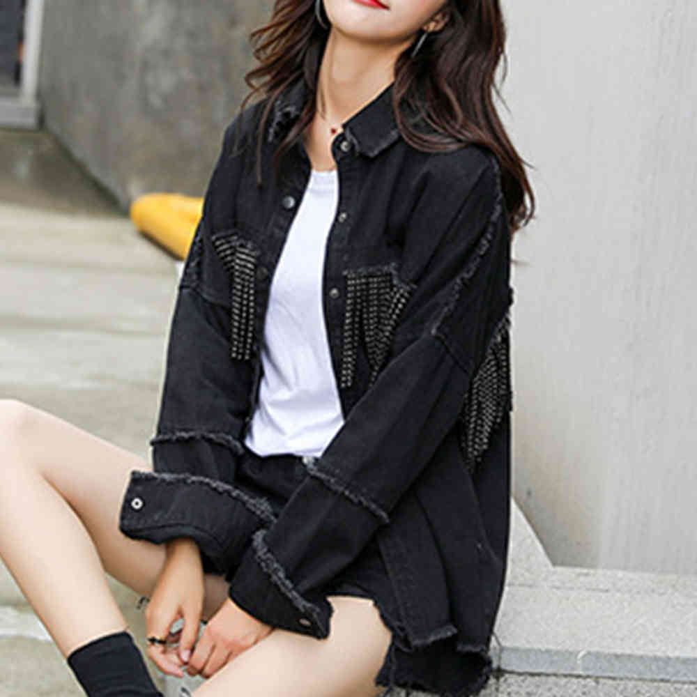 Women Black High Quality Loose Denim Jacket Sequined Tassels Streetwear Coat Vintage Single-breasted Jean Coats 210428