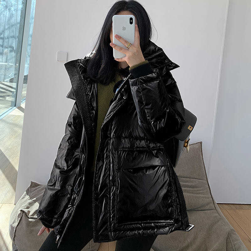 Janveny Glossy Shiny Down Jacket Women Winter 90% White Duck Coat Female Puffer Parkas Hooded Waterproof Snow Outwear 211018