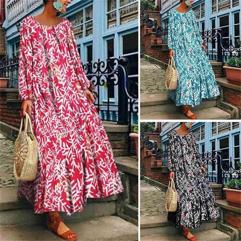 Women Dress Long Sleeve Print Dresses Plus Size Vintage Flowers Red White Blue Black Clothes 210513