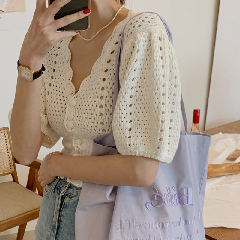 Lucyever Summer Casual Hollow Out Thin Cardigan Women V Neck Puff Sleeve Crop Tops Female Vintage Solid Knit Sweater Woman 210521wtt