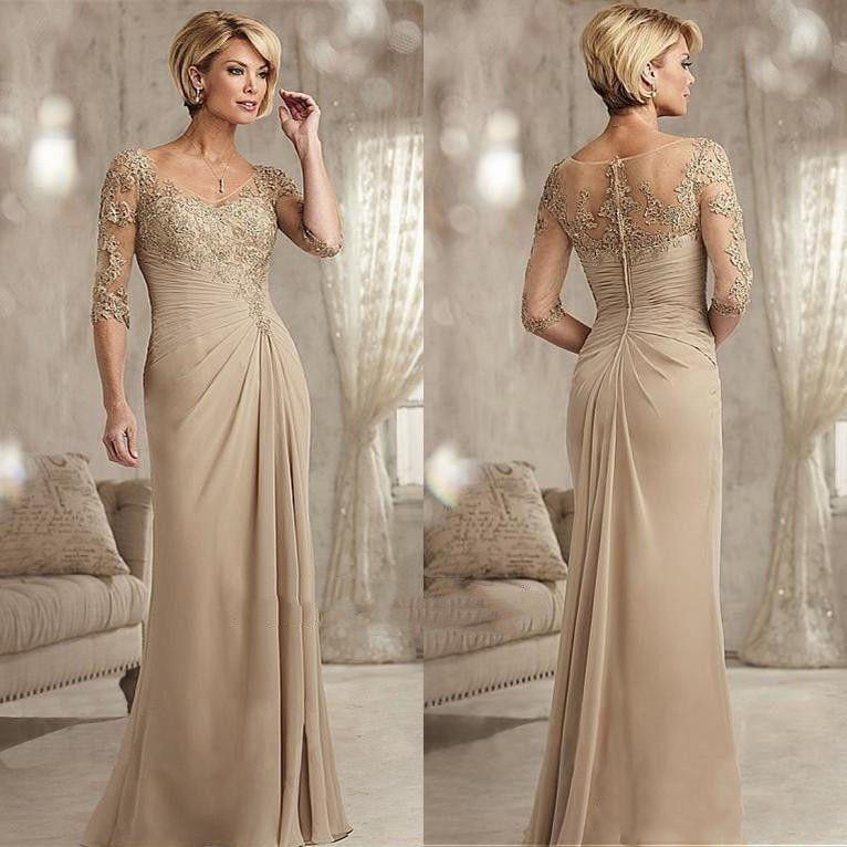 Elegant Champagne Mother of the Bride Dresses V Neck Half Sleeve Mothers Dress Zipper Back Floor Length Wedding Guest Gowns