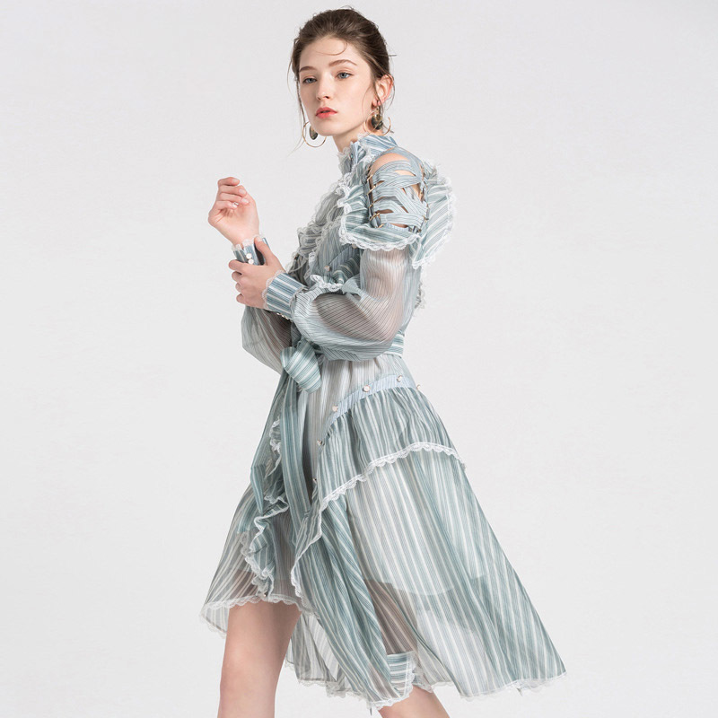 VKBN Dresses Woman Party Night Turtleneck Long Sleeve Blue Striped sexy dress Fashion Shoulder cutout 210507