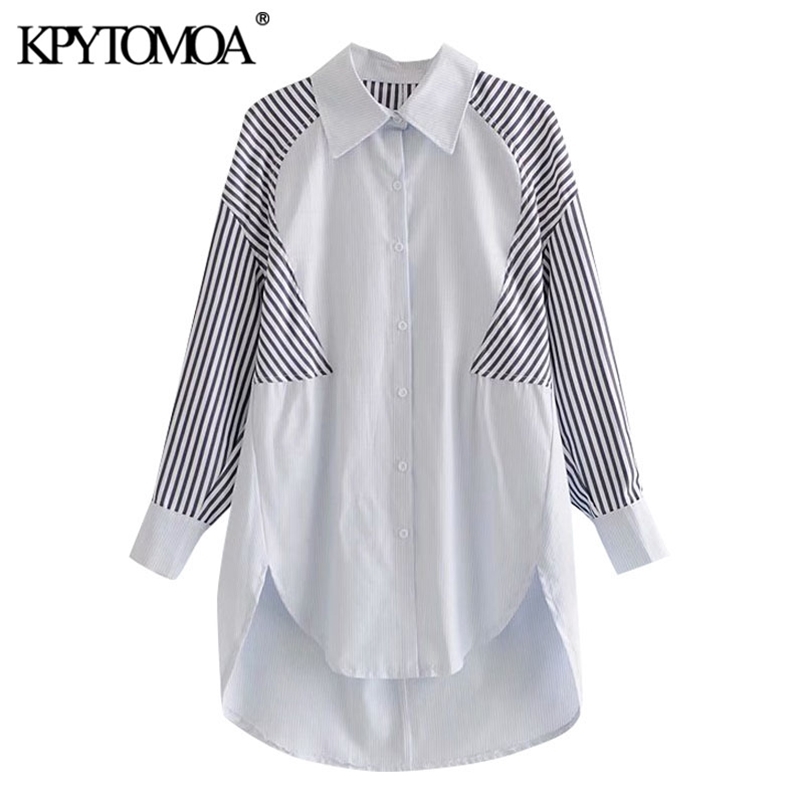 Women Fashion Striped Patchwork Loose Asymmetry Blouses Long Sleeve Button-up Female Shirts Chic Tops 210420