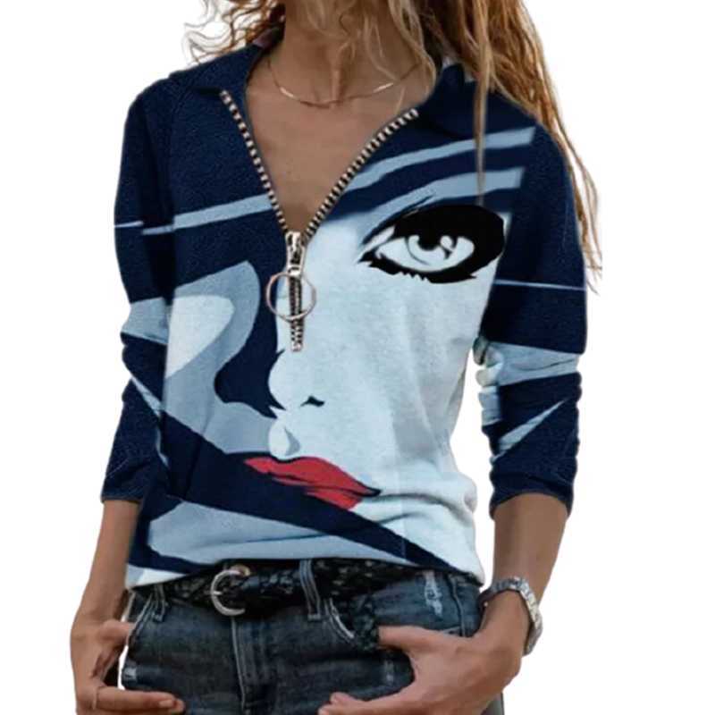 Women Polo T-shirt Retro Print Half Zip V-Neck Long Sleeve Oversize Tops And Tees Autumn Casual Slim Lady Street Green Blue Tees 210819