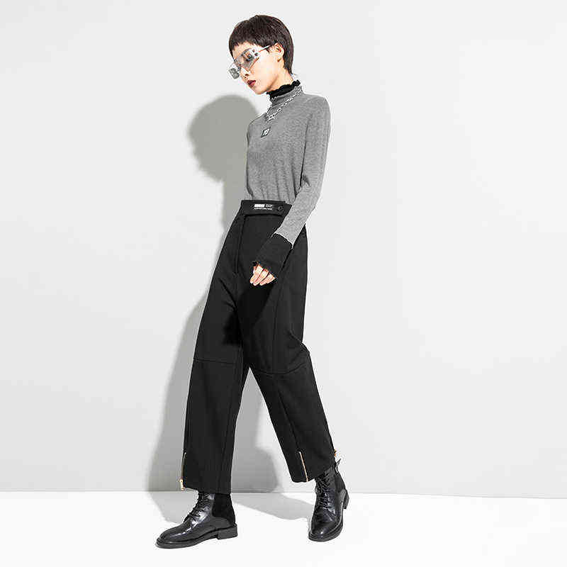 [EAM] High Waist Black Long Wide Leg Zipper Striped Trousers Loose Fit Pants Women Fashion Spring Autumn 1DD1519 211115