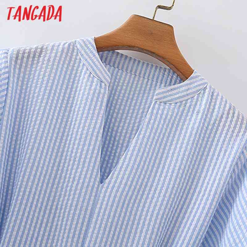 Summer Women Striped Print V Neck Puff Short Sleeve with Slash Ladies Dress Vestidos 5X51 210416