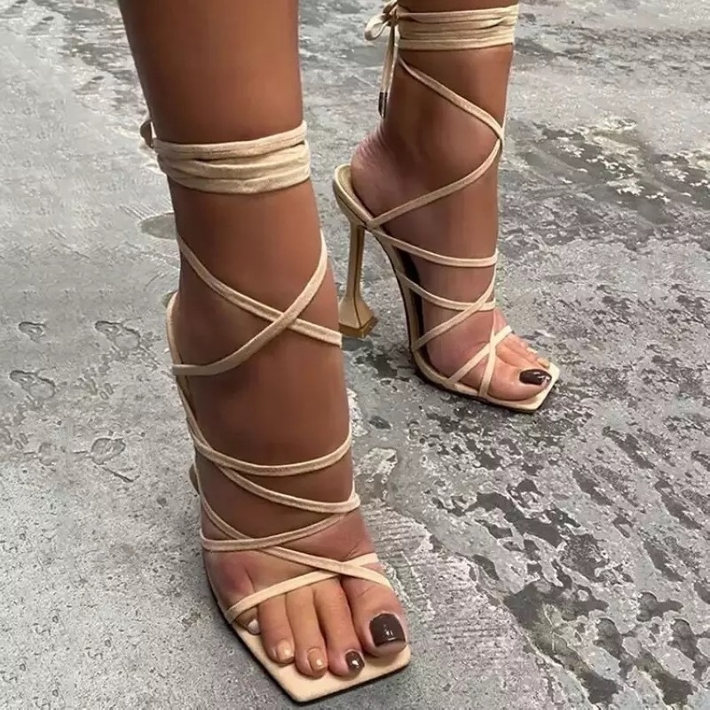 Plus Size Summer Sexy Lace Up Women Sandals Square Toe Spike Heel Cross Tied Party Shoes High Heels Pumps Zapatillas Mujer 220418