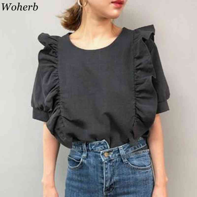 Korean Summer Ruffles Female Shirts Short Sleeve O-neck Women Tops Blouse Chic Casual Blusas Camisetas 210519