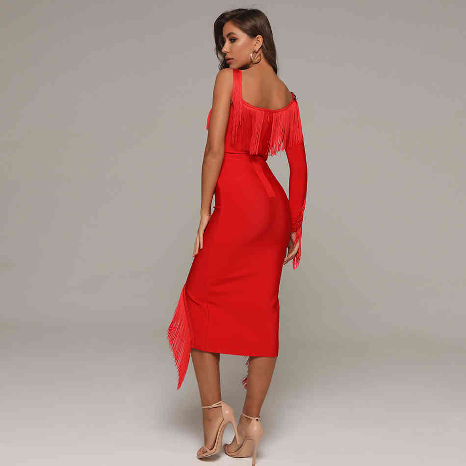 Summer Women Red Tassel Bodycon Bandage Dress Sexy Spaghetti Strap Midi Club Celebrity Runway Party Vestido 210423