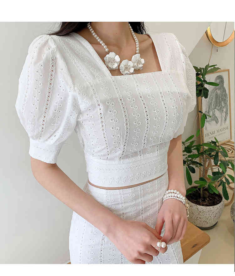 Women 2 Piece Outfits Summer Office OL Lace Embroidery Puff Sleeve Short Tops + High Waist Bodycon Mermaid Skirt 2 Set 210519