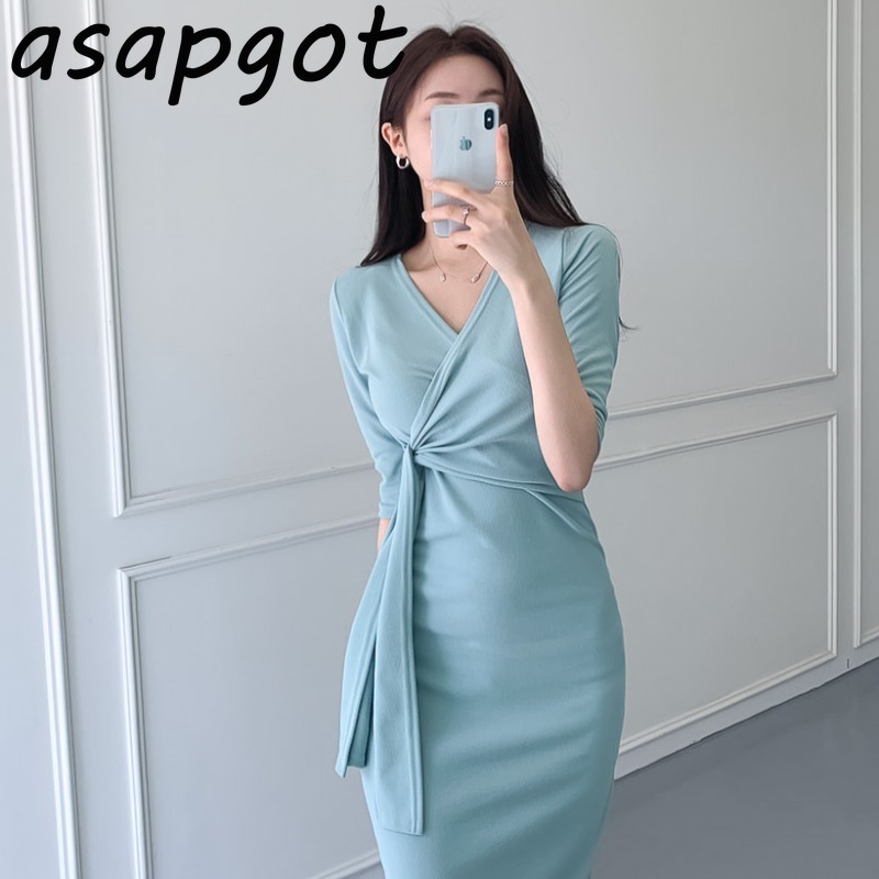 Korean Chic Gentle Elegant Slim V Neck Cross Side Lace Up Waist Bodycon Short Sleeve Knitted Dress Women Wrap Hip Vestido 210429