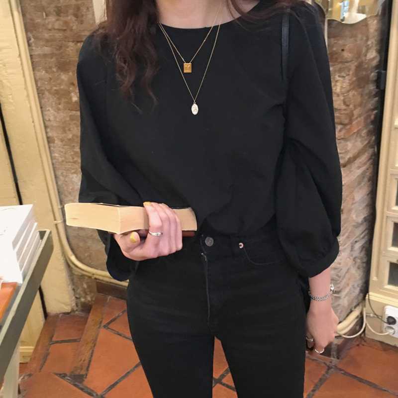 Women Blouse Korean O-neck 3/4 Puff Sleeve Shirt Causal Solid Pullover Blusas Mujer De Moda Verano 6F671 210603