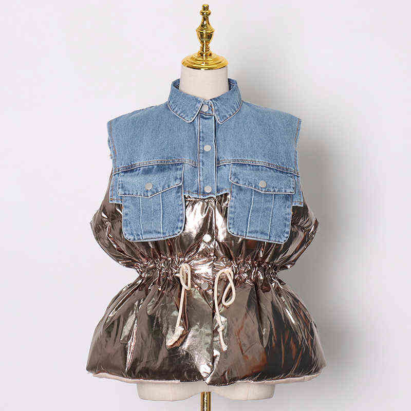 TWOTWINSTYLE Drawstring Patchwork Denim Vest For Women Lapel Sleeveless Casual Loose Cotton Coat Female Winter Fashion 211120