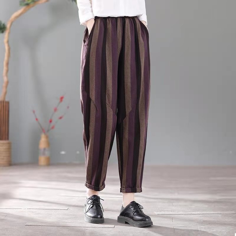 Spring Korean Style Women Loose Casual Elastic Waist Ankle-length Pants All-matched Striped Cotton Linen Harem W161 210512