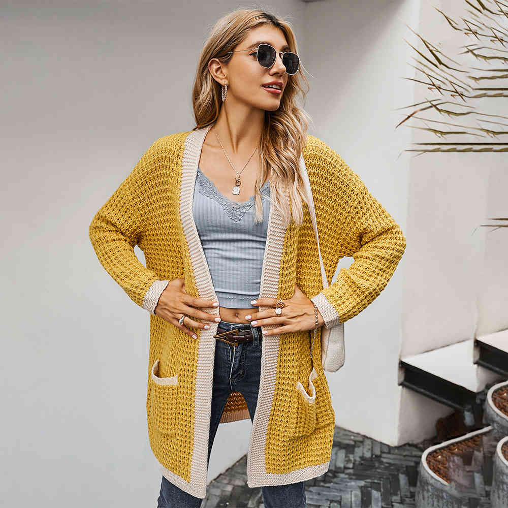Autumn Winter Long Cardigan White Long Sleeve Patchwork Knitted Tops Jacket Coat Sweaters For Women Fall Clothing Fashion 210415