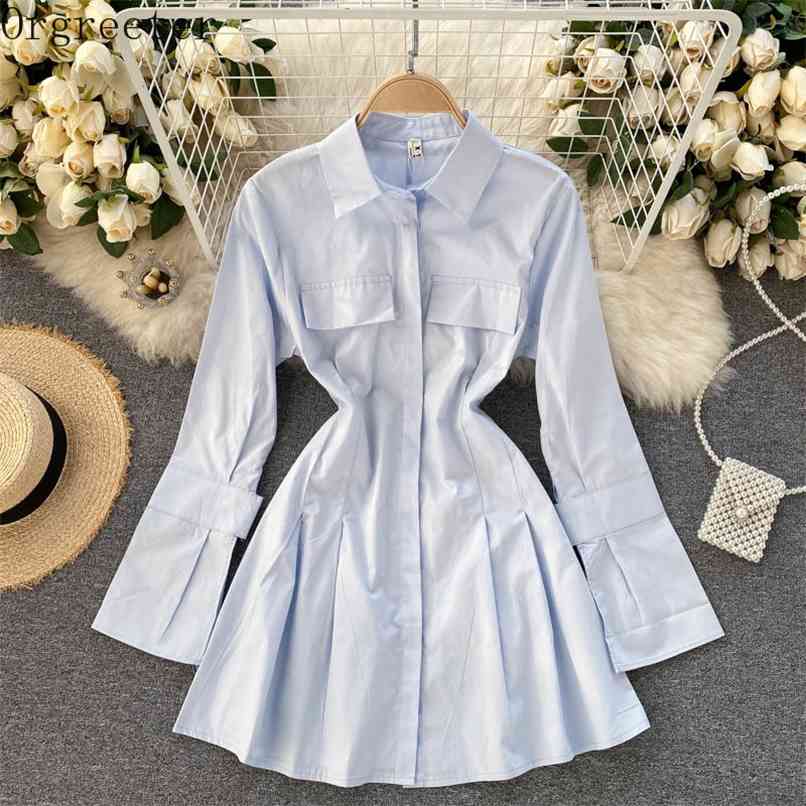 Spring Chic Shirt Dress Lapel Petal Sleeve Slim Waist A-line Women Single Breasted Solid Simple 210602, Black
Spring Chic Shirt Dress Lapel Petal Sleeve Slim Waist A-line Women Single Breasted Solid Simple 210602, Black
