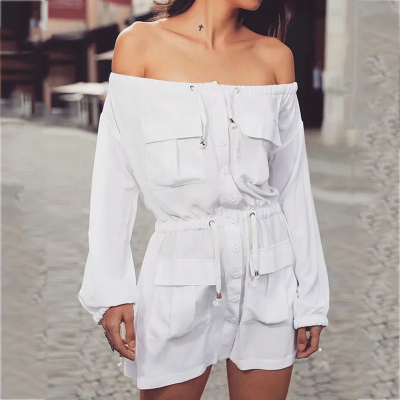 Casual White Cotton Dress Pockets Women Off Shoulder Long Sleeve Spring Summer Short Dress Button Up Dress Female Punk 210415