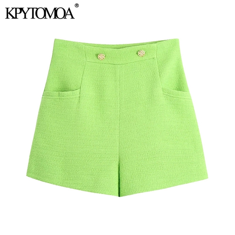 KPYTOMOA Women Chic Fashion With Pockets Tweed Bermudas Shorts Vintage High Waist Back Zipper Female Short Pants Mujer 210625