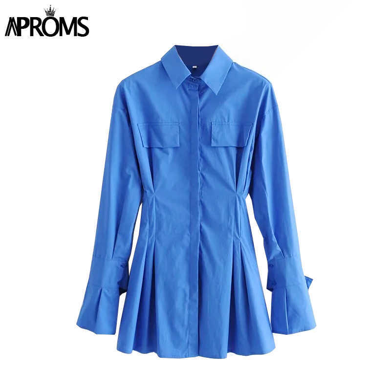 Aproms Elegant Blue Cotton Shirt Dress Women Spring High Fashion Solid Color Flared Sleeve Bodycon Mini Dresses OL Vestidos 210630