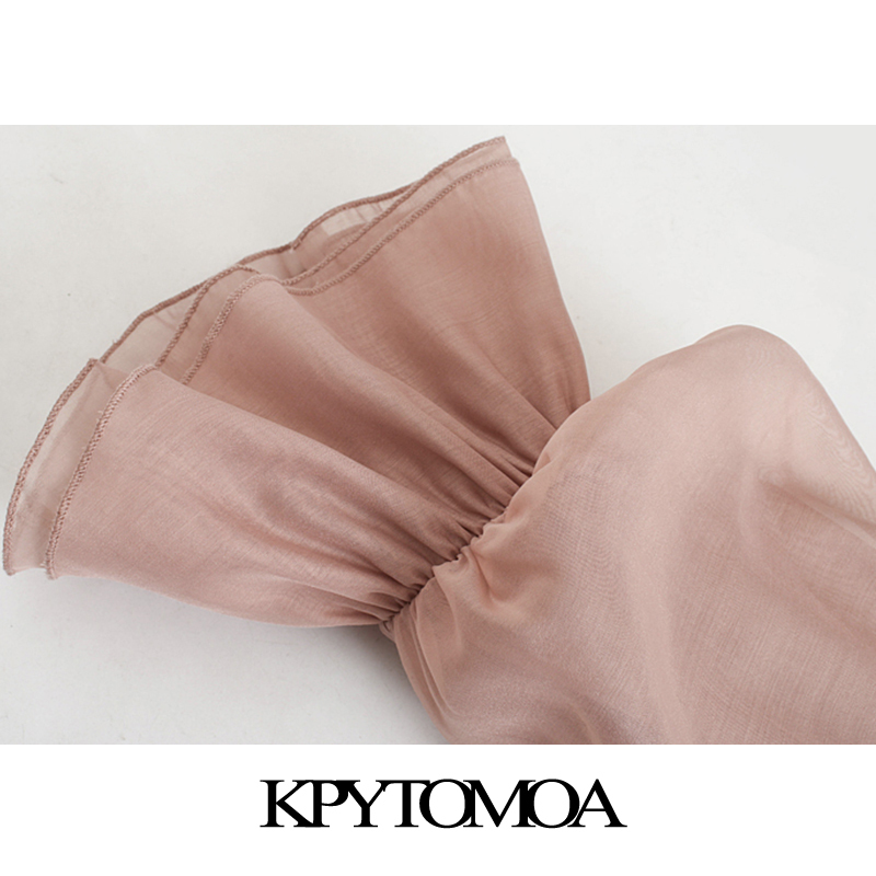 Women Sweet Fashion Patchwork Organza Knitted Blouses See Through Sleeve Stretch Female Shirts Chic Tops 210420