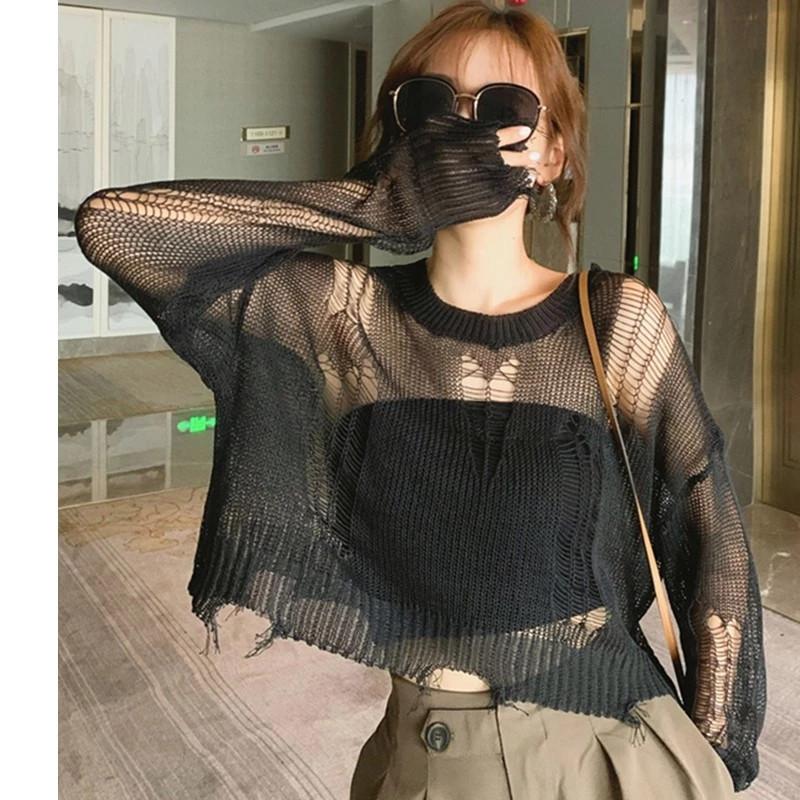 Women's Sweaters Black Gothic Thin Women Pullover Loose Sweater 2021 Lady Hollow Out Hole Broken Streetwear Stretch Split Knit Short Top
Women's Sweaters Black Gothic Thin Women Pullover Loose Sweater 2021 Lady Hollow Out Hole Broken Streetwear Stretch Split Knit Short Top