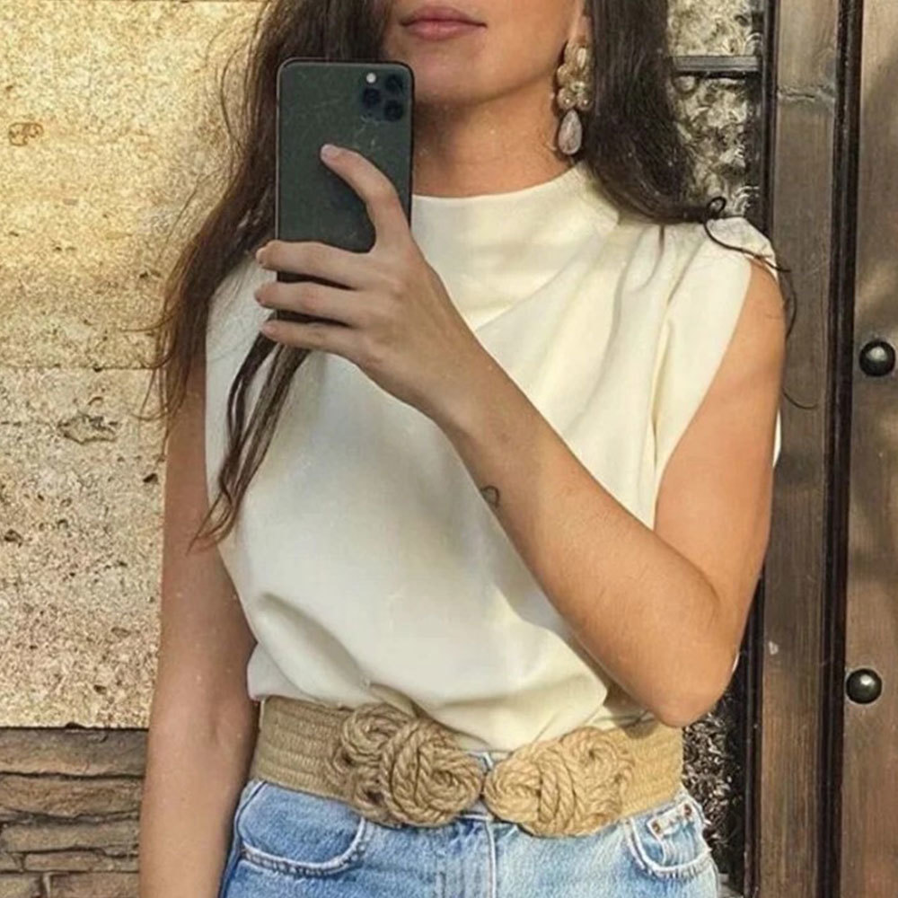 Women Elegant Stand Collar Loose Blouse Summer Sleeveless Solid Shirt Vintage Tops Female Chic Ruched Tunic OL Clothing 210428
