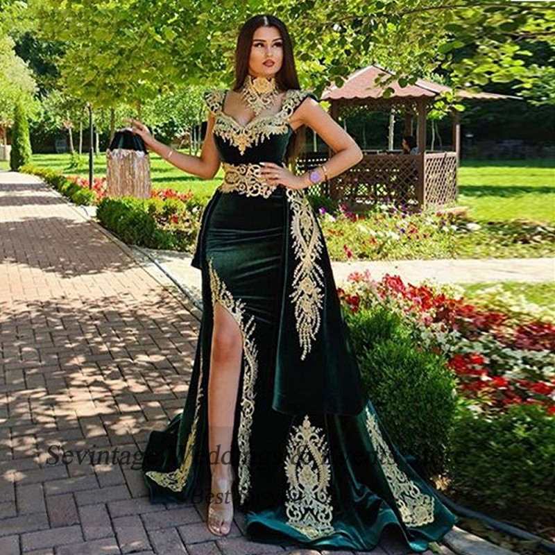 Elegant Dubai Dark Green Velvet Evening Dresses Removable Skirt Arabic Side Split Mermaid Prom Gowns Appliques Gold Lace High Neck Algerian Moroccan K