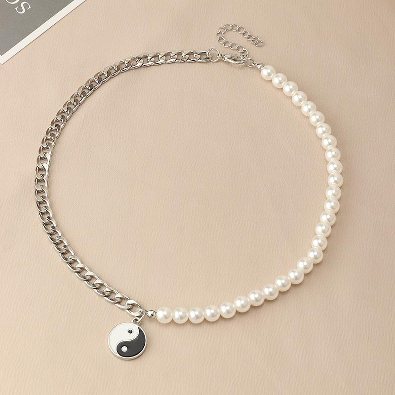 Chokers Round Pearl Beads Yin Yang Taichi Pendant Stainless Steel Chain Unisex Necklace Couple Jewelry Women Mens