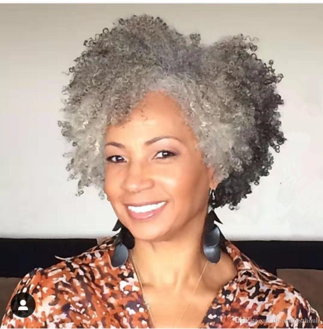 Salt and pepper natural gray ponytails updo short afro kinky women hair extension 100g 120g dark silver grey two tone mixed