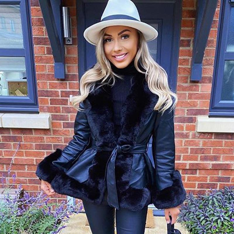 Leather Jackets Women Fashion Tie Belt Waist Short Coats Elegant Side Pockets Faux Fur Female Ladies JT Women's &