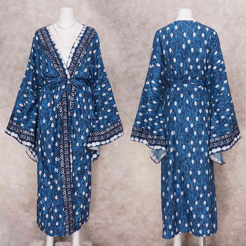 Sexy Bikini Cover-ups Boho Printed Fringed Long Kimono Carfigan Tunic Women Plus Size Beach Wear Swim Suit Cover Up A750 210420