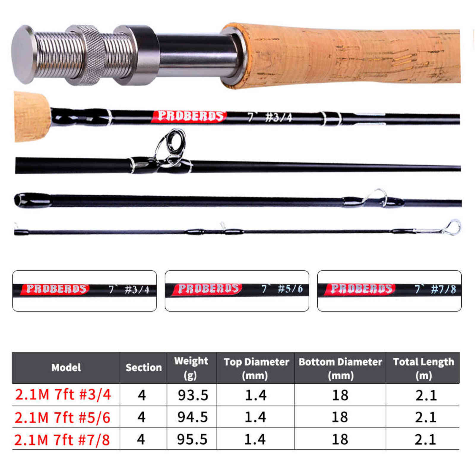 PROBEROS Fly Fishing Rod 7FT&9FT 2.1M&2.7M 4 Section Line wt 3/4 5/6 7/8 Soft Cork Handle Tackle 211118