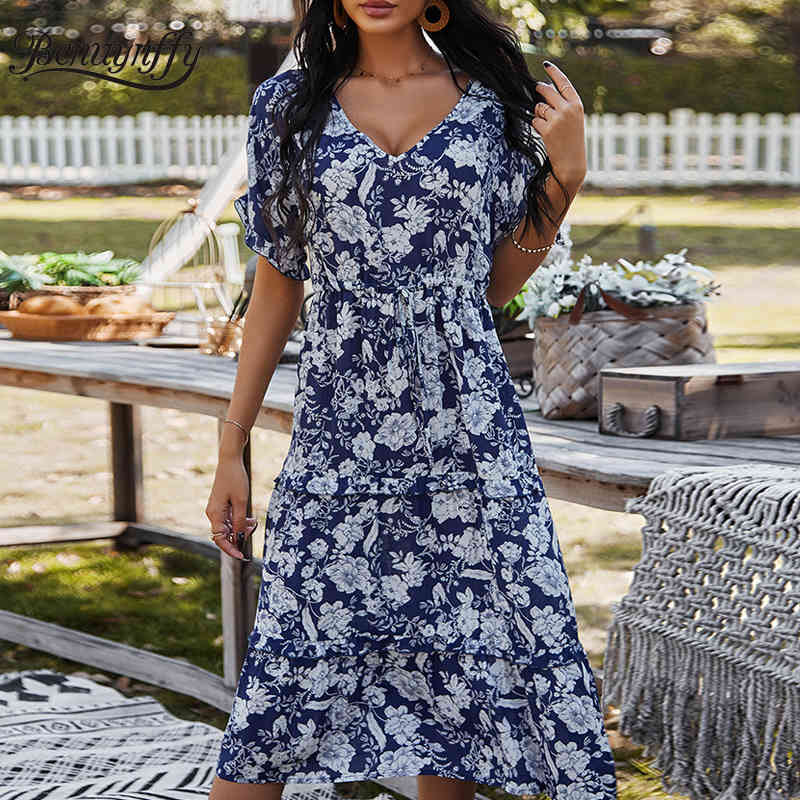 Women's V-neck Floral Print Tie Waist Elegant Swing Dresses Summer Vacation Casual Women Short Sleeve Dress 210510