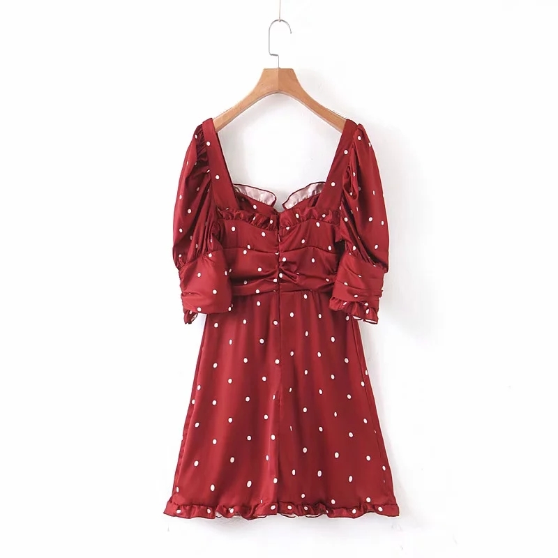 Vintage red polka dot satin dress women puff sleeve mini Sexy elegant chiffon club party es korean vestidos 210521