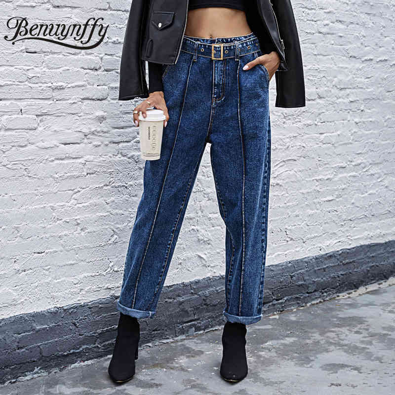 Autumn winter Vintage Pocket High Waist Jeans Woman Casual Fashion Straight Denim Pants Women Cotton Belted Mom 210510