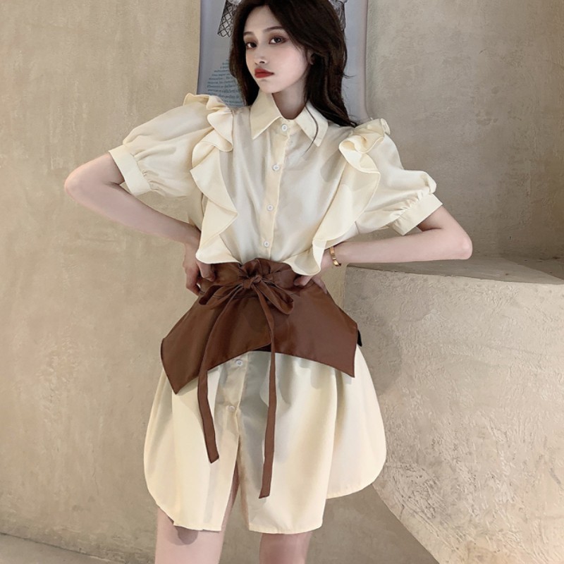 Fashion Women Shirt Dress Summer Korean Short Sleeve Lady Chic Ruffles Mini Dresses Vestidos With Belt 210519