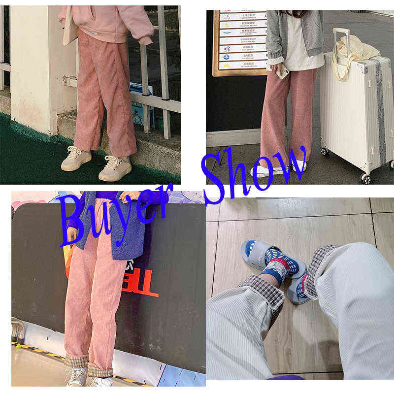 Lucyever Pink Corduroy Wide Leg Pants Women Autumn Winter Warm Plush Woman Korean High Waist Loose Trousers Female 211115