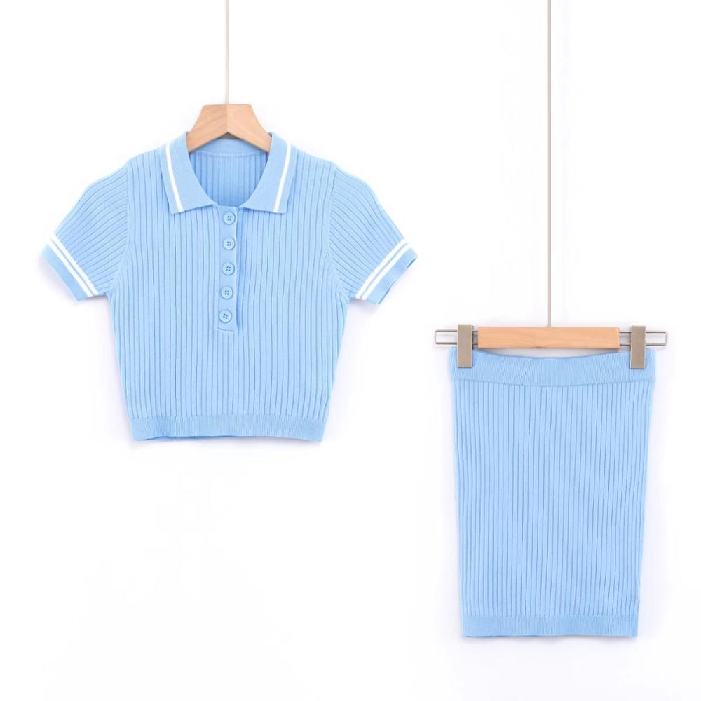 Lapel Knitted Short Sleeve T-shirt Casual Women Package hips Mini Skirt Crop Top Pullover Tee Tops 2 Pieces Set 210429