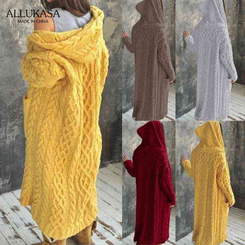 Pure color plus size long knitted cardigan women's hooded long-sleeved casual loose oversized knitted jacket for fall/winter 211117