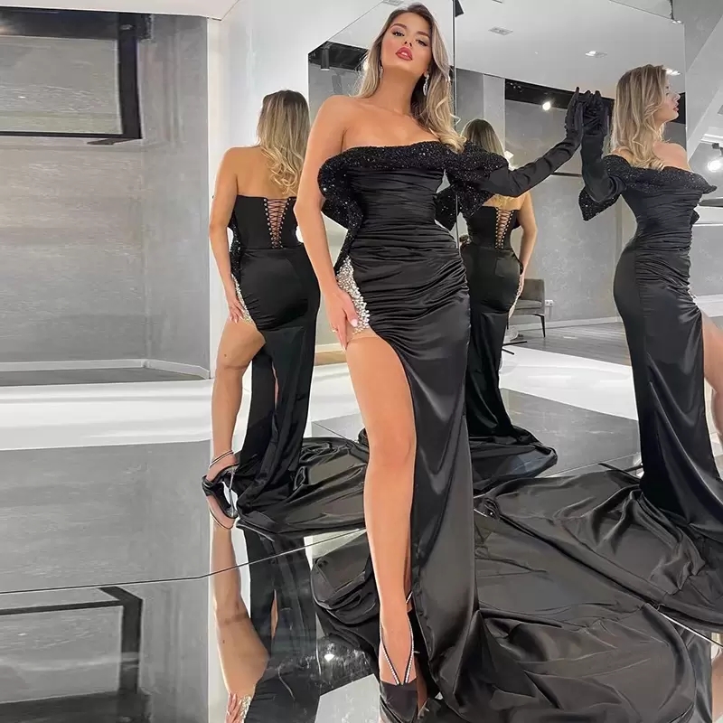 Sexy Black Satin Mermaid Prom Dresses For Arabic Women Off Shoulder Front Split Beaded Plus Size Evening Ocn Gowns 322